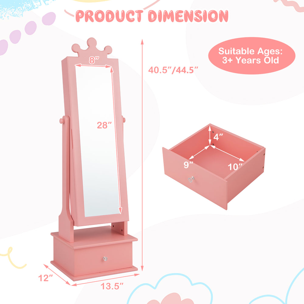 Kids play jewelry armoire in pink with full-length mirror, storage drawers, and crown design for ages 3 and up.