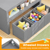 Gray kid toy storage cabinet with wheeled drawers, featuring large storage cubes for easy access and mobility.