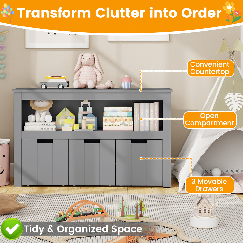 Kid toy storage cabinet in gray with 3 movable drawers and large open compartment for organized playroom storage.