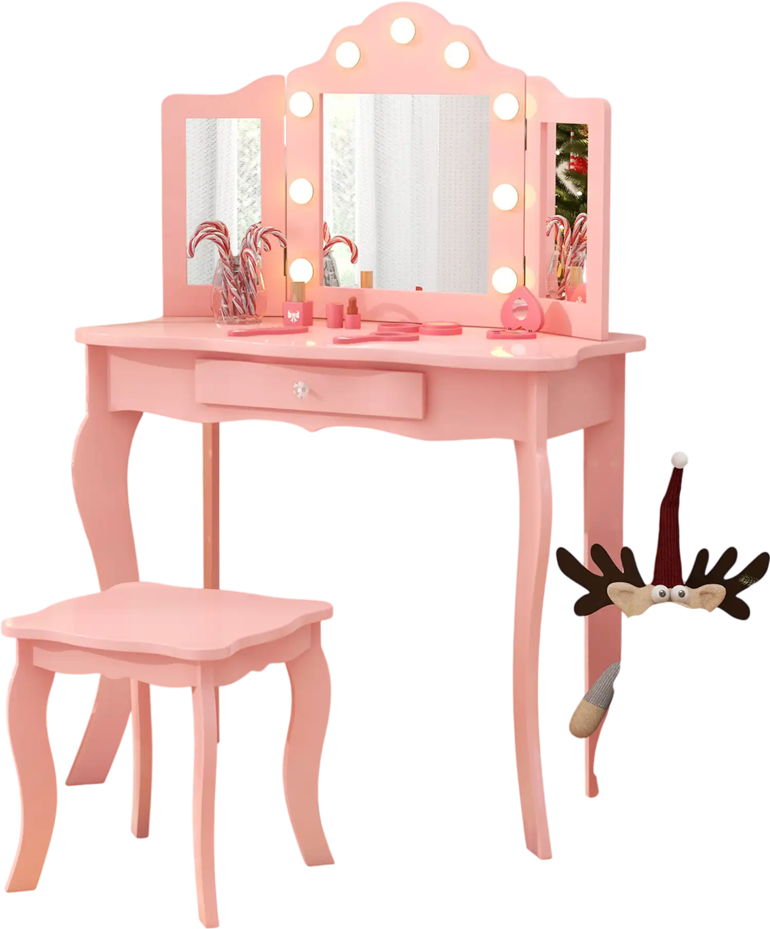 Costway Kids Vanity Table Stool Set Tri-Folding Mirror 3-Color LED Lights Pink 36479281 New