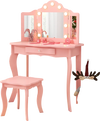 Pink kid vanity table set with tri-folding mirror, LED lights, and storage drawer, perfect for a stylish playroom setup.