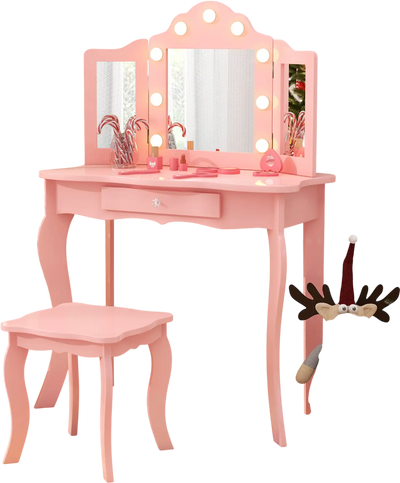Costway Kids Vanity Table Stool Set Tri-Folding Mirror 3-Color LED Lights Pink 36479281 New