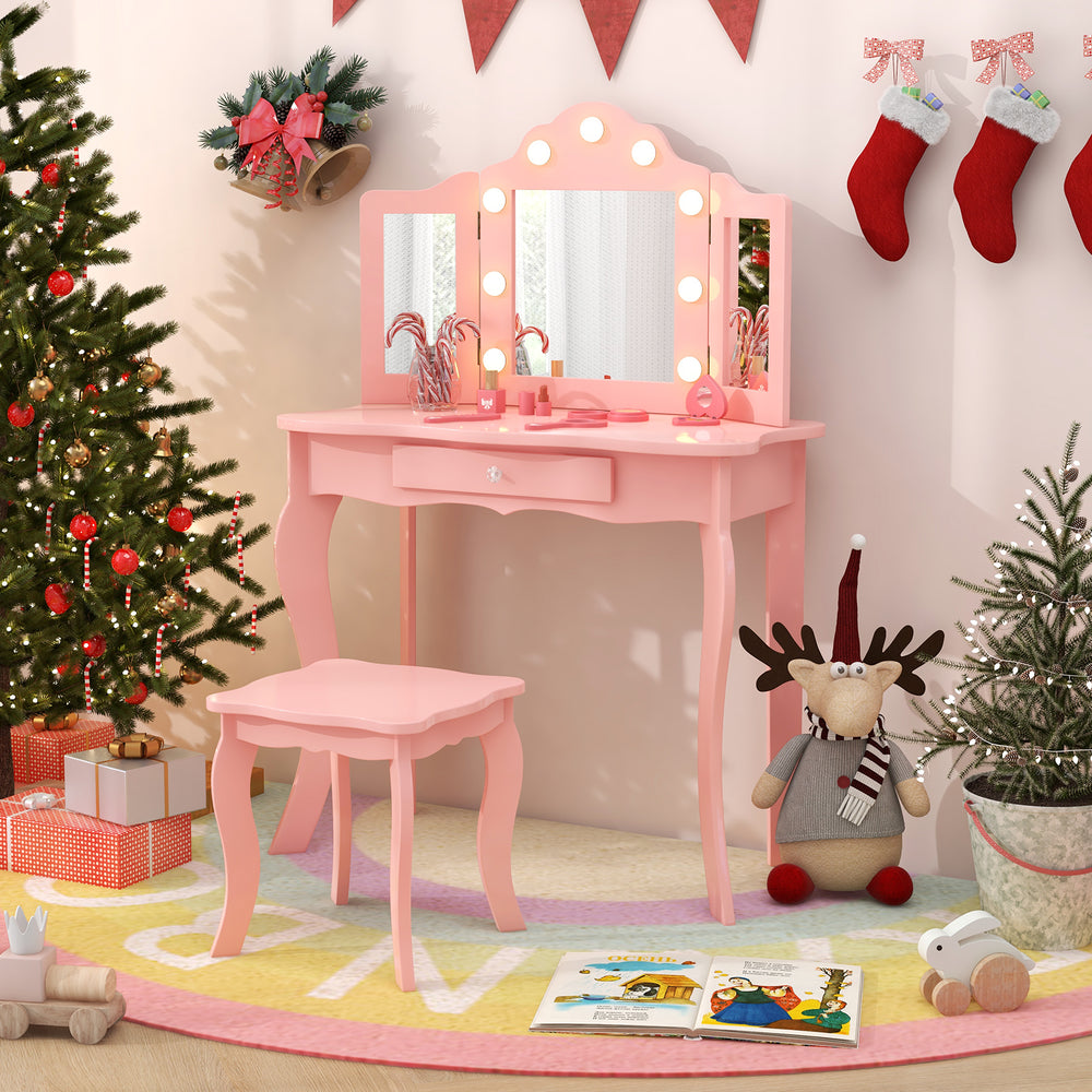 Kid Vanity Table Stool Set with Tri-Folding Mirror and 3-Color LED Lights-Pink - Gallery View 1 of 8