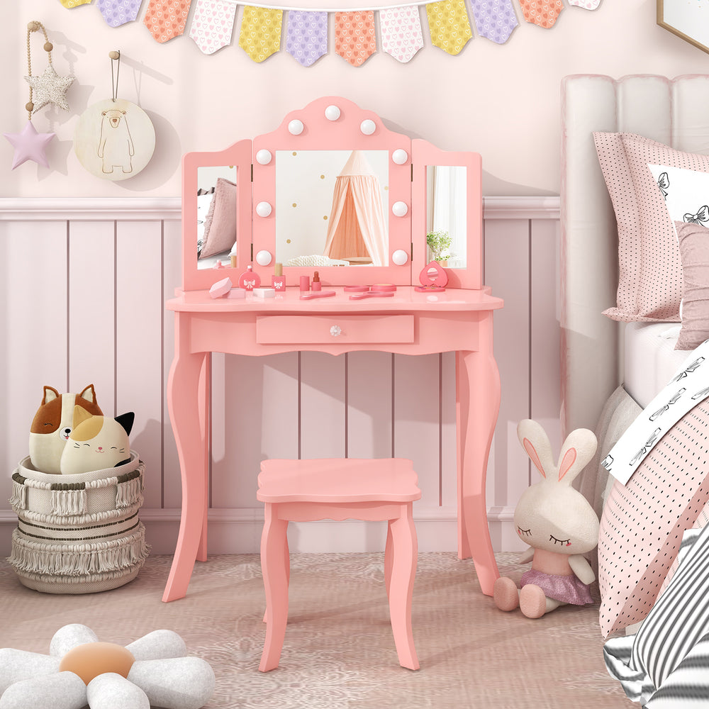 Pink kid vanity table set with tri-folding mirror, LED lights, and storage drawer, perfect for a child's room.