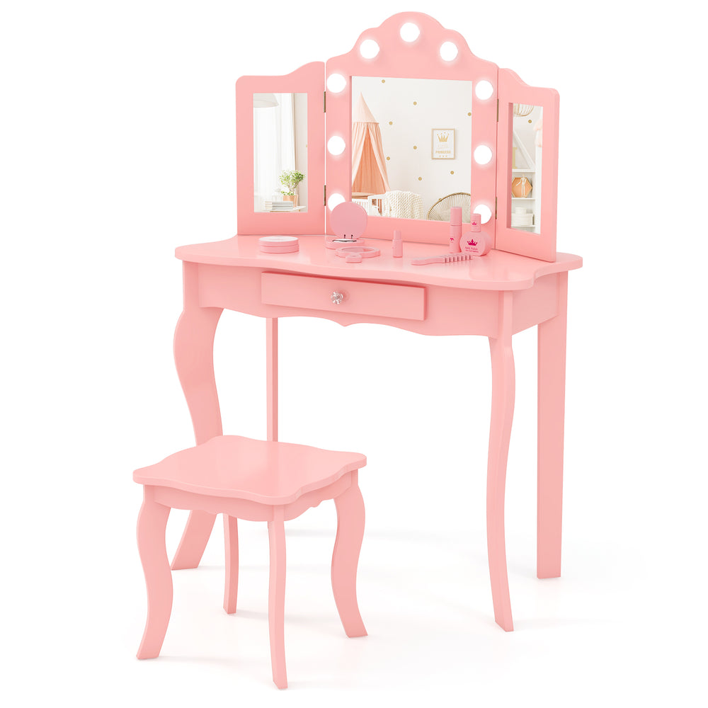 Pink kid vanity table set with tri-folding mirror, LED lights, and storage drawer for stylish playroom decor.