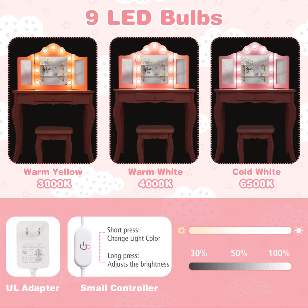 Kid vanity table set in pink with tri-folding mirror, 3-color LED lights, and spacious storage for kids' rooms.