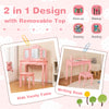 Kids vanity table set in pink with tri-folding mirror, removable top, and LED lights for versatile use as a writing.
