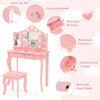 Kid vanity table set in pink with tri-folding mirror, LED lights, storage drawer, and rounded corners for safe use.