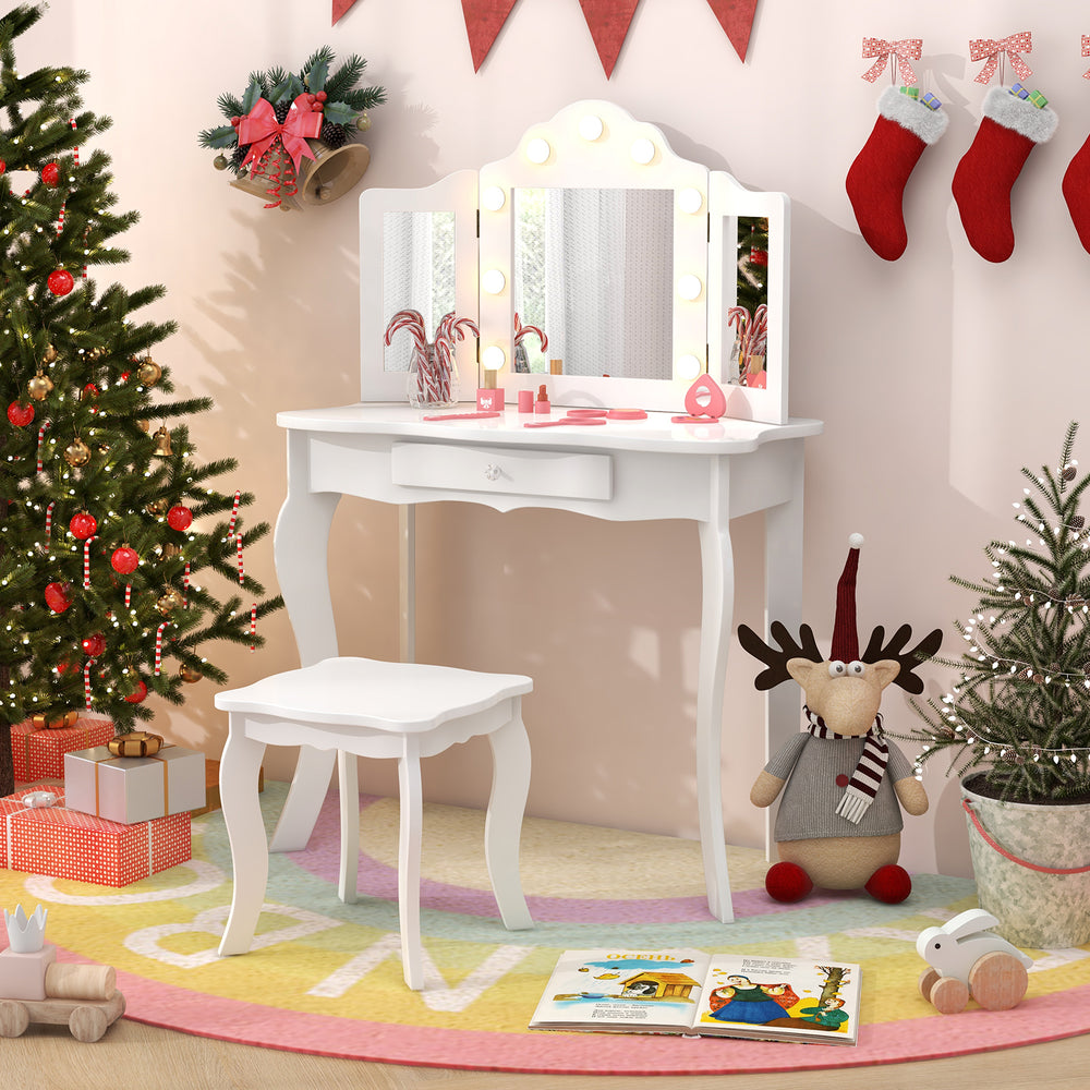 Kid Vanity Table Stool Set with Tri-Folding Mirror and 3-Color LED Lights-White - Gallery View 1 of 8