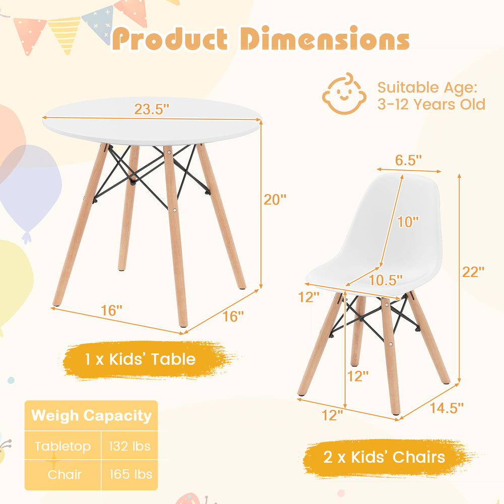 Kids' modern dining table set with 2 armless chairs, featuring a round table and sturdy wooden legs for playtime fun.