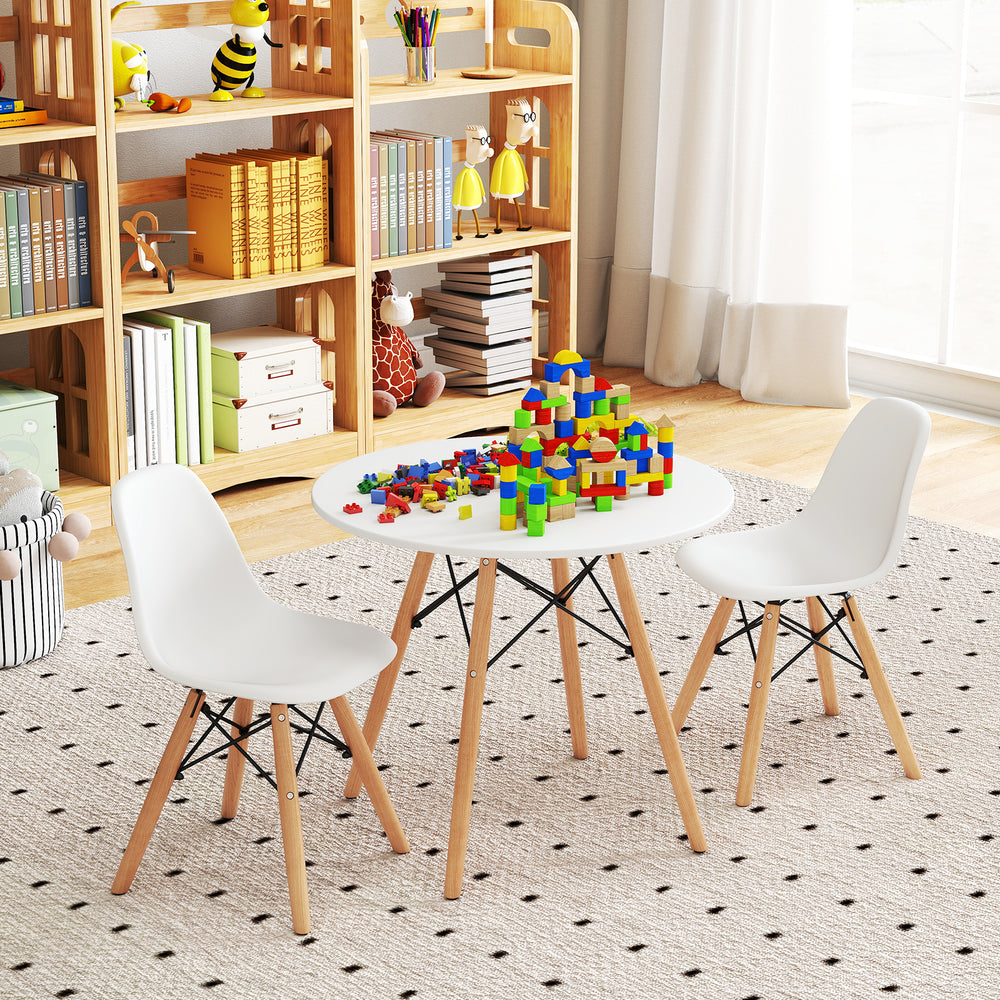 Kid's modern dining table set showcasing a round table and two armless chairs, ideal for playdates and easy movement.