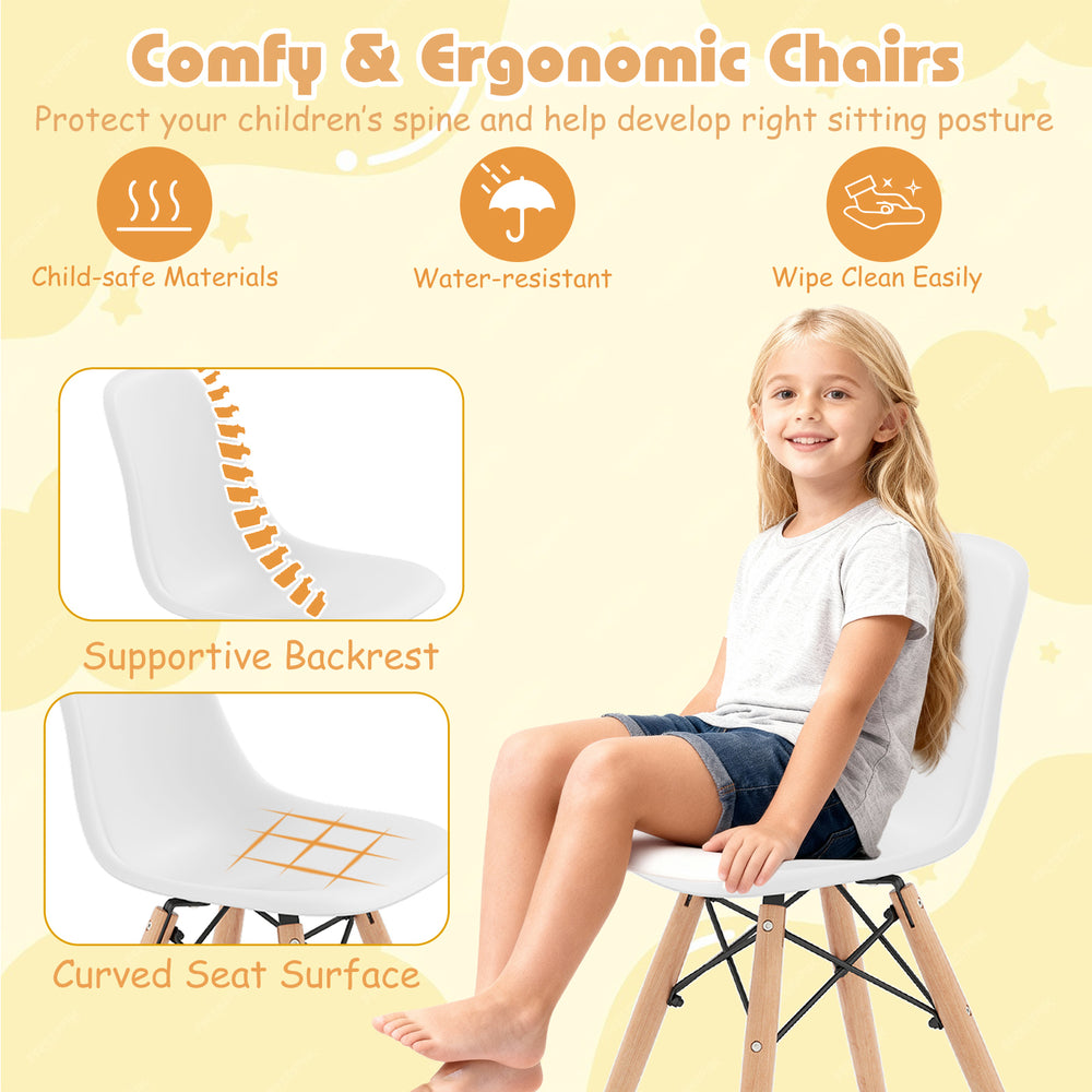 Kid's modern dining table set with two armless chairs featuring a sturdy design and supportive backrests for comfort.