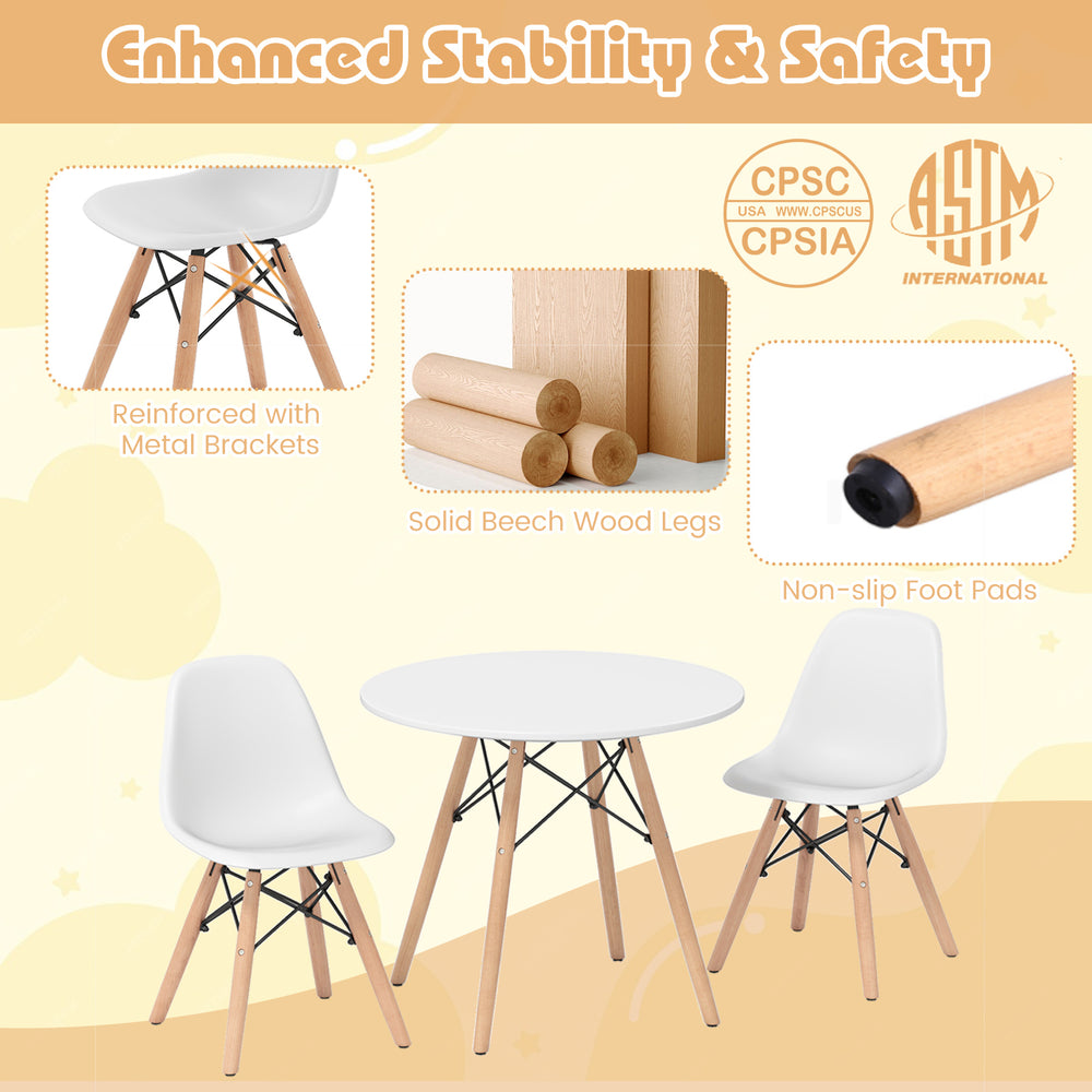 Kid's modern dining table set featuring a round table and two armless chairs with solid beech wood legs for stability.