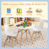 Kid's modern dining table set with two armless chairs, featuring a round design for safety and sturdy wooden legs for.