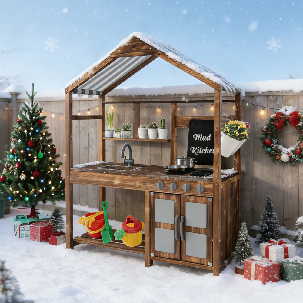 Kid's outdoor mud kitchen in natural wood with canopy, featuring sink, stove, and chalkboard for imaginative play.
