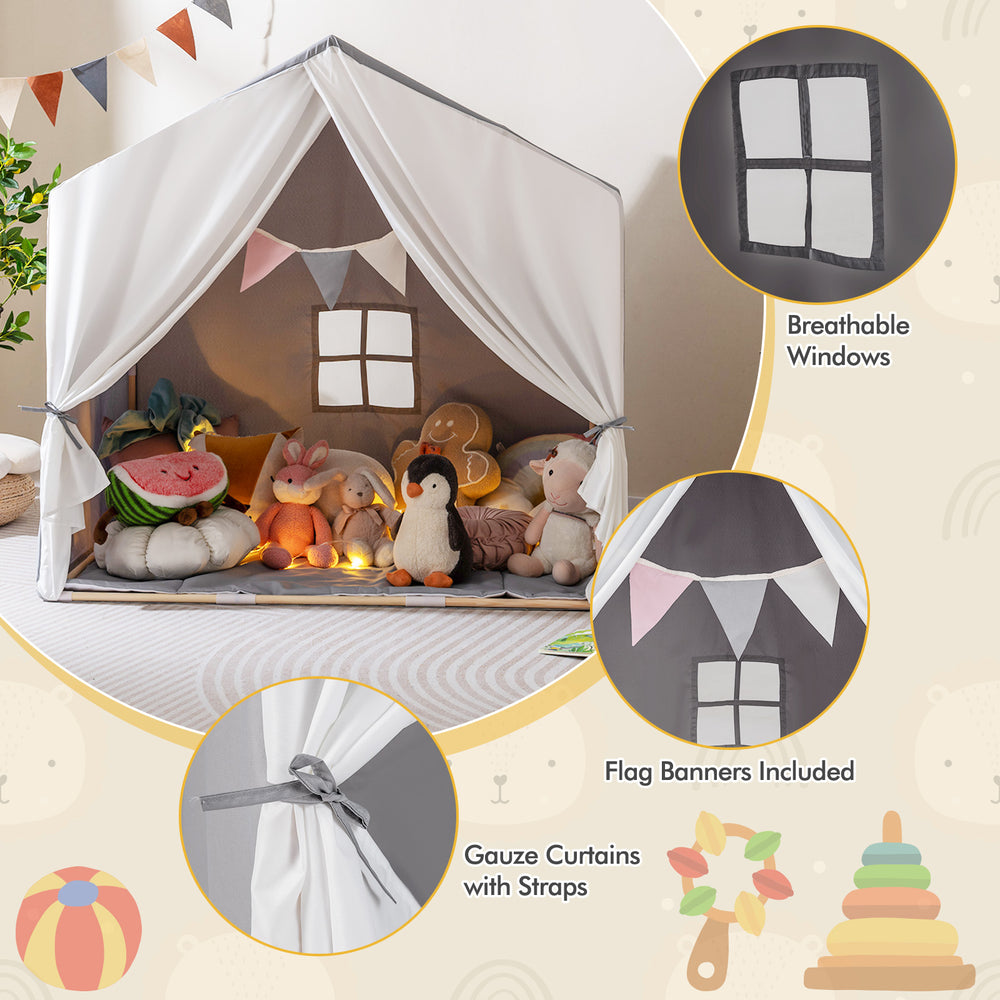Kid's play tent in gray with breathable windows, flag banner, and washable cotton mat for indoor or outdoor fun.