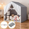 Kid's gray play tent with washable cotton mat, flag banner, and plush toys, perfect for indoor or outdoor play.