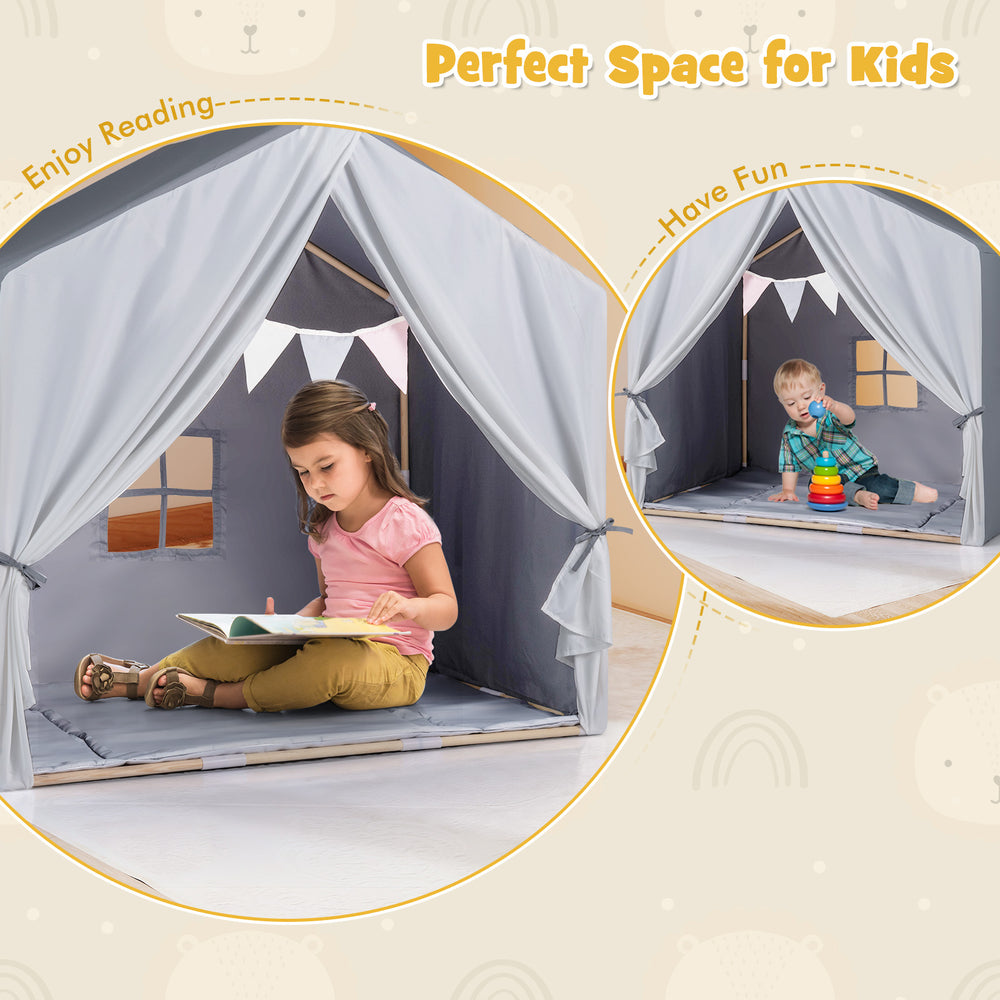 Kid's play tent in gray with washable cotton mat, accommodating up to 3 kids, perfect for indoor and outdoor fun.