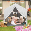 Kid's play tent with gray fabric and flag banner, featuring a washable mat, perfect for outdoor parties and playtime.