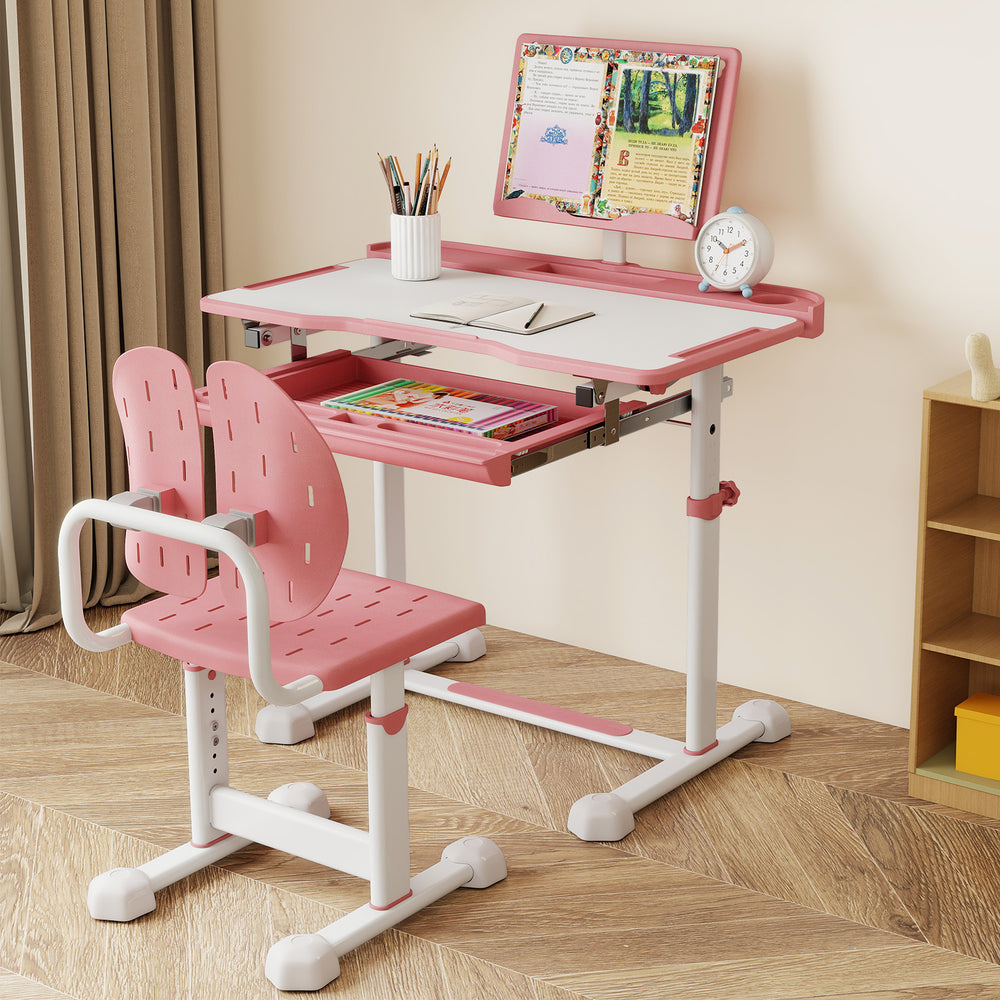 Kid's study desk and chair set in pink with adjustable height, tiltable desktop, and book stand for versatile use.