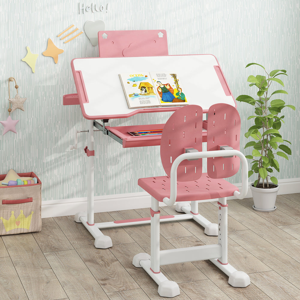 Rotatable book stand on the kid's pink study desk set, ideal for holding books while kids engage in various activities.
