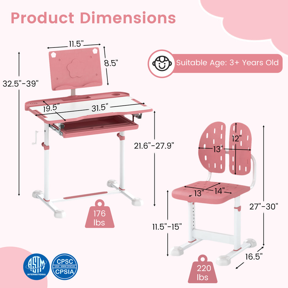 Kid's study desk and chair set in pink with adjustable height, tiltable desktop, and storage features for versatile use.