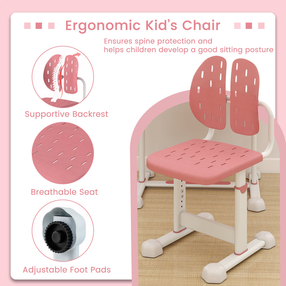 Ergonomic pink kid's chair with breathable seat, supportive backrest, and adjustable foot pads for comfortable study.