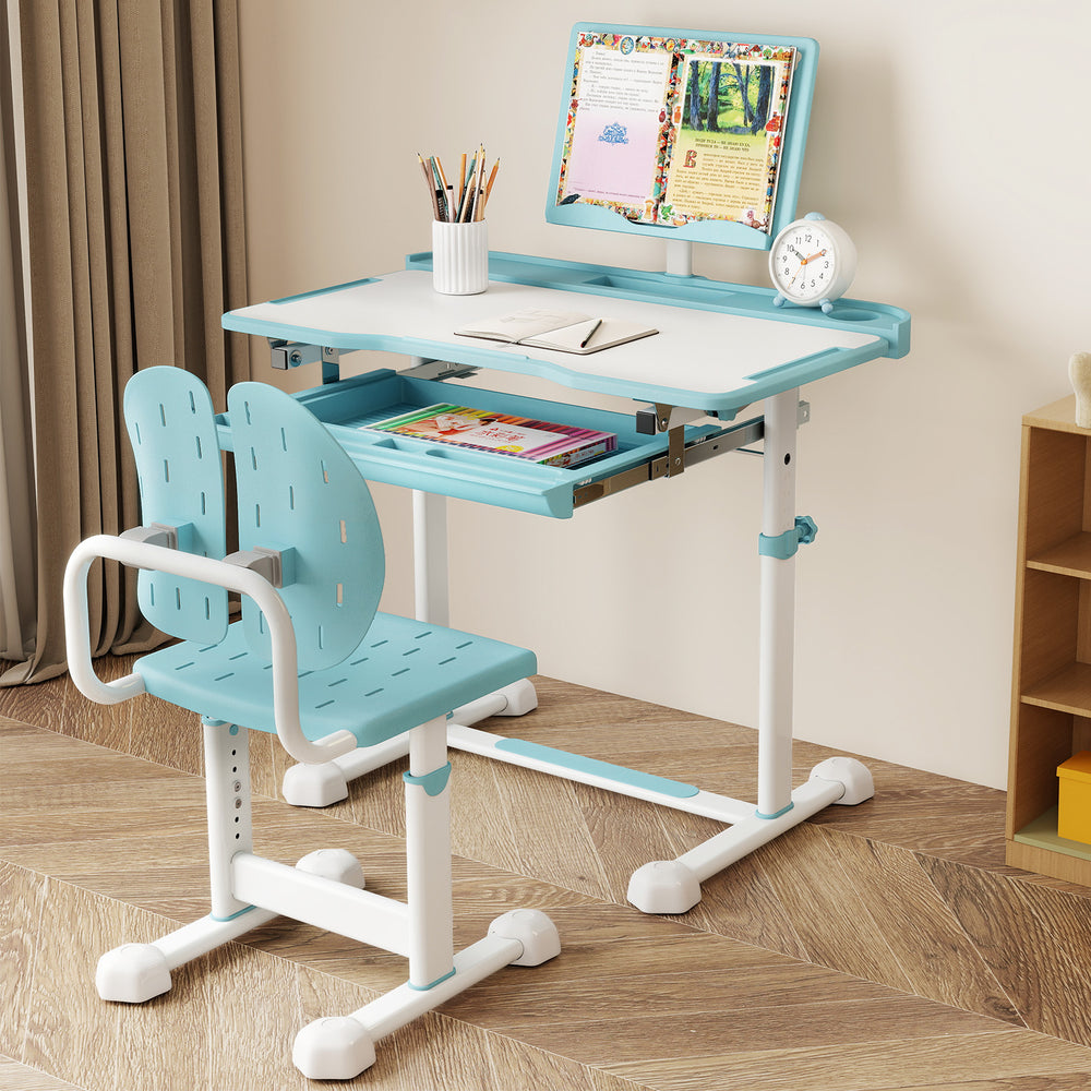 Kid's Study Desk and Chair Set with Tilt Desktop and Book Stand-Blue - Gallery View 1 of 9