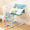 Kid's study desk with a tiltable desktop, blue color, and adjustable chair for comfortable learning and drawing.