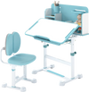 Kid's study desk and chair set in blue with tiltable desktop, adjustable height, and supportive backrest for comfort.