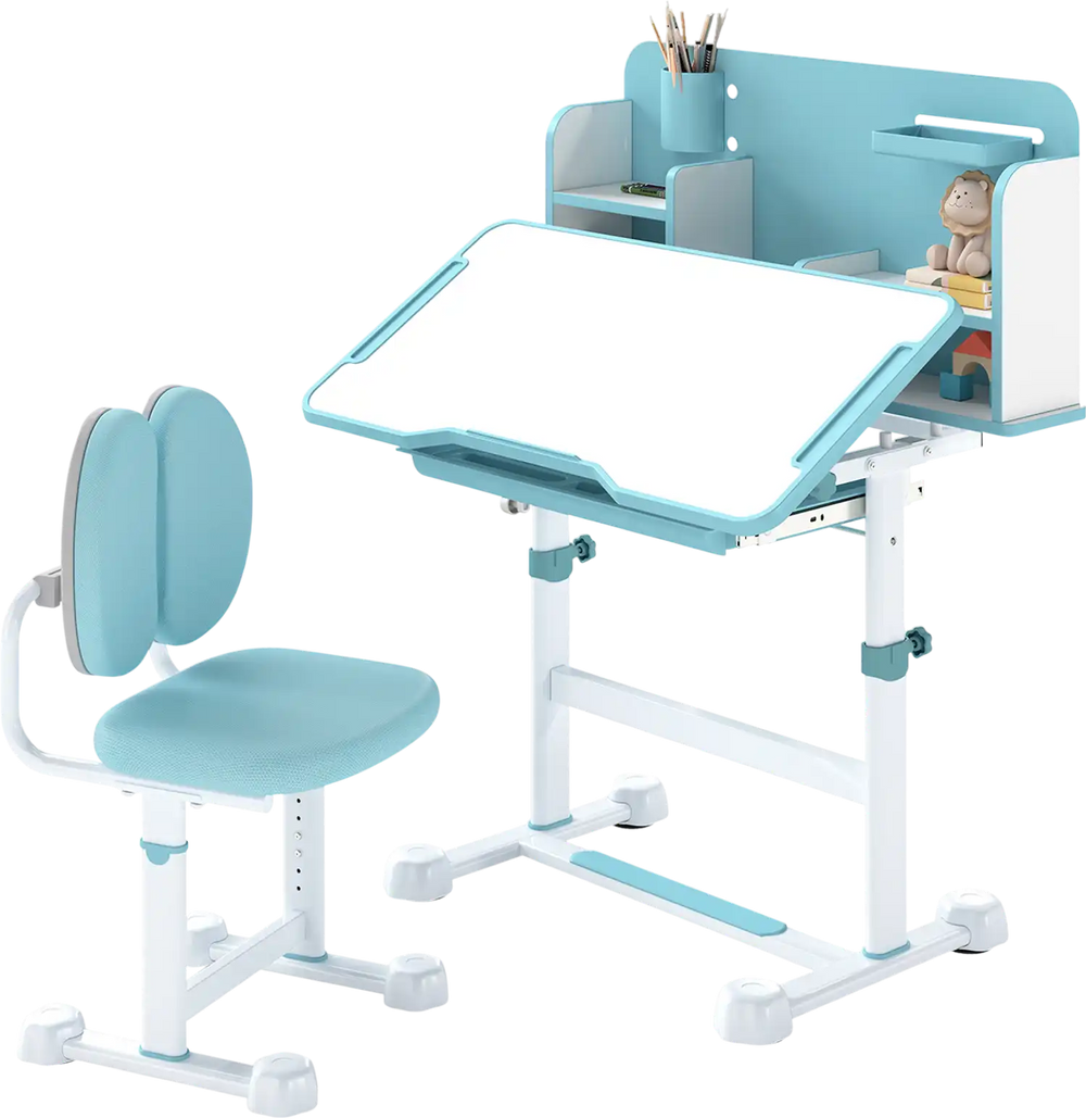 Kid's study desk and chair set in blue with tiltable desktop, adjustable height, and supportive backrest for comfort.