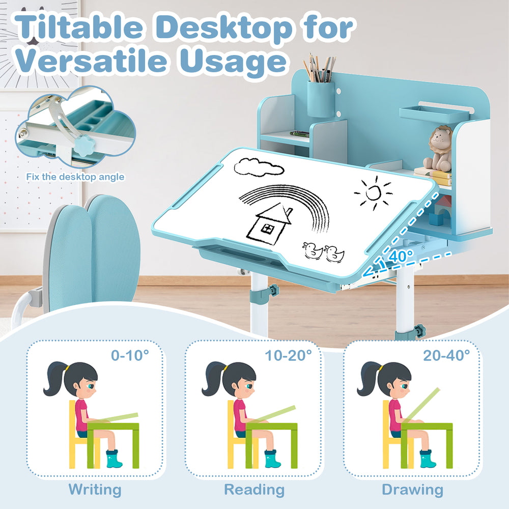 Kid's study desk with a tiltable blue desktop, adjustable height, and pen holder for writing, reading, and drawing.