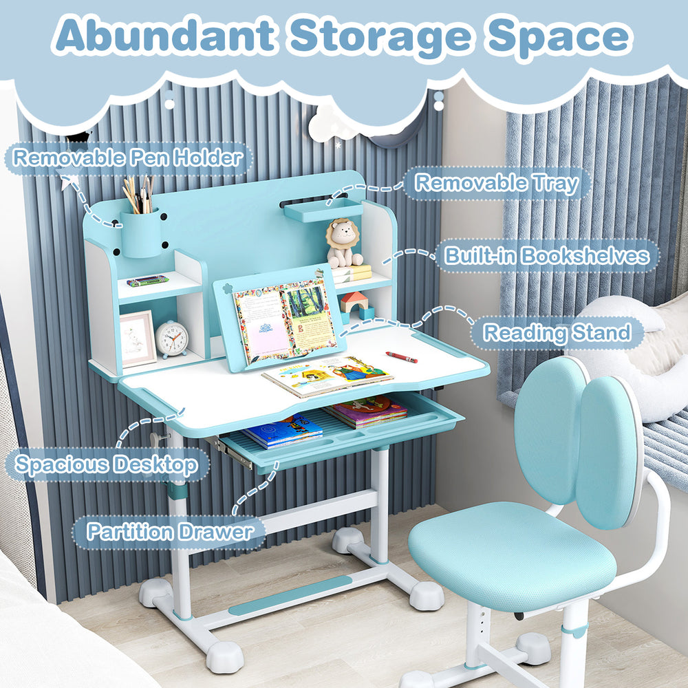 Kid's study desk in blue with tiltable desktop, removable pen holder, and built-in bookshelves for organized learning.