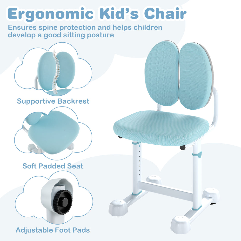 Ergonomic kid's chair with supportive backrest, soft padded seat, and adjustable foot pads for comfortable study.