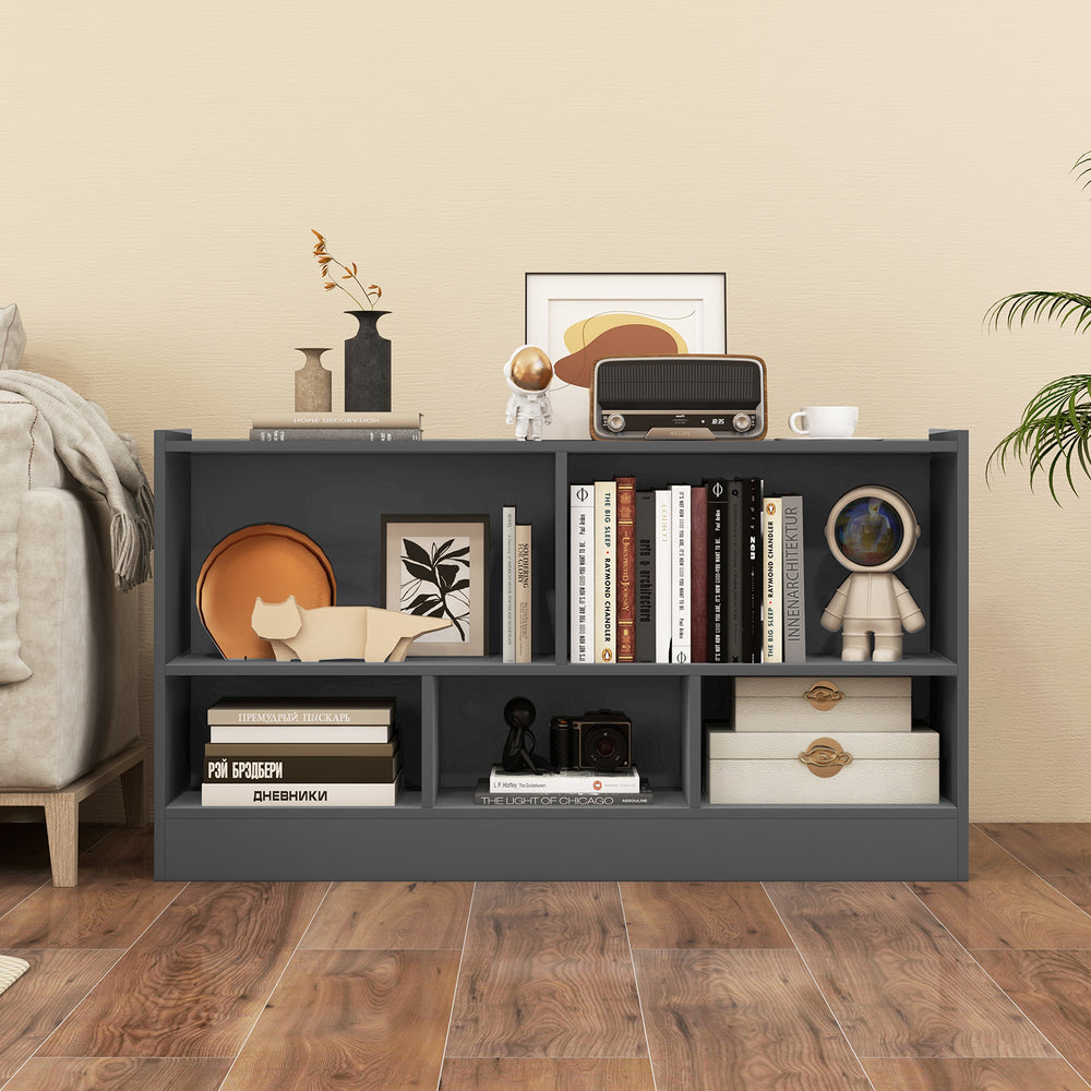 Gray kids' 2-shelf bookcase with 5 compartments, perfect for organizing toys and displaying favorite items in playrooms.