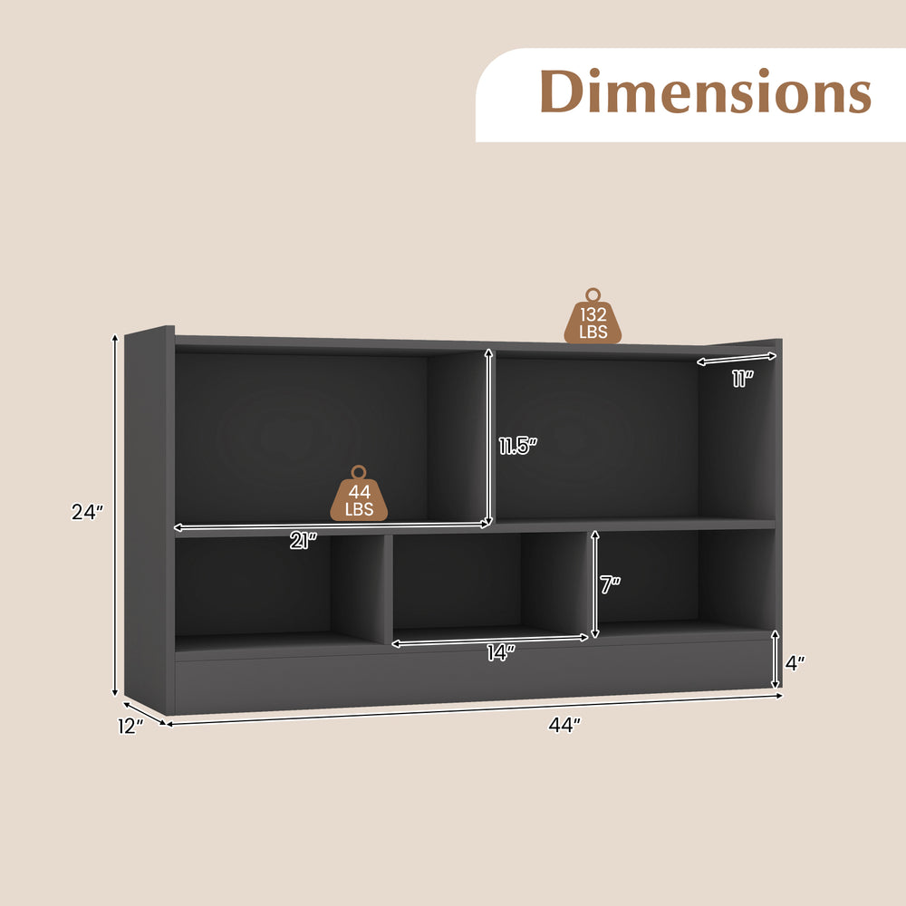 Dimensions of the gray Kids 2-Shelf Bookcase with 5 compartments, ideal for organizing toys and books in playrooms.