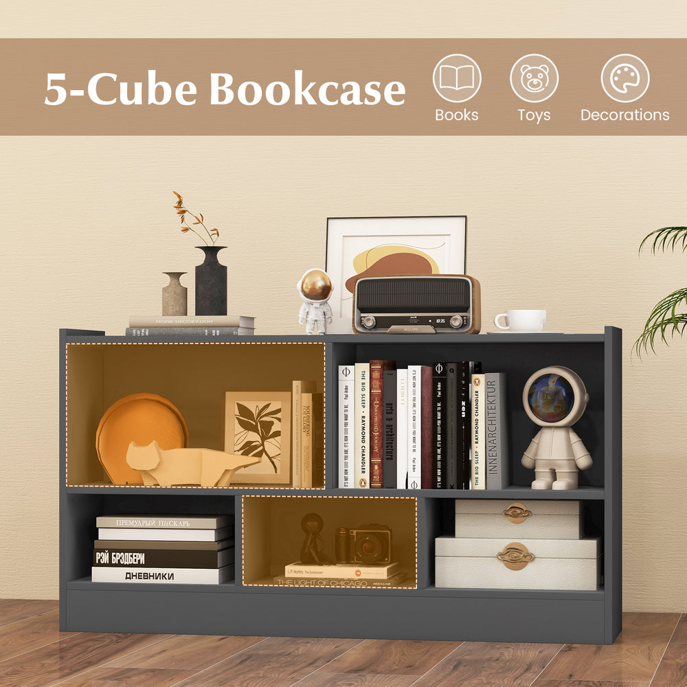5-cube gray bookcase with spacious compartments for kids' toys and books, perfect for playrooms and living areas.