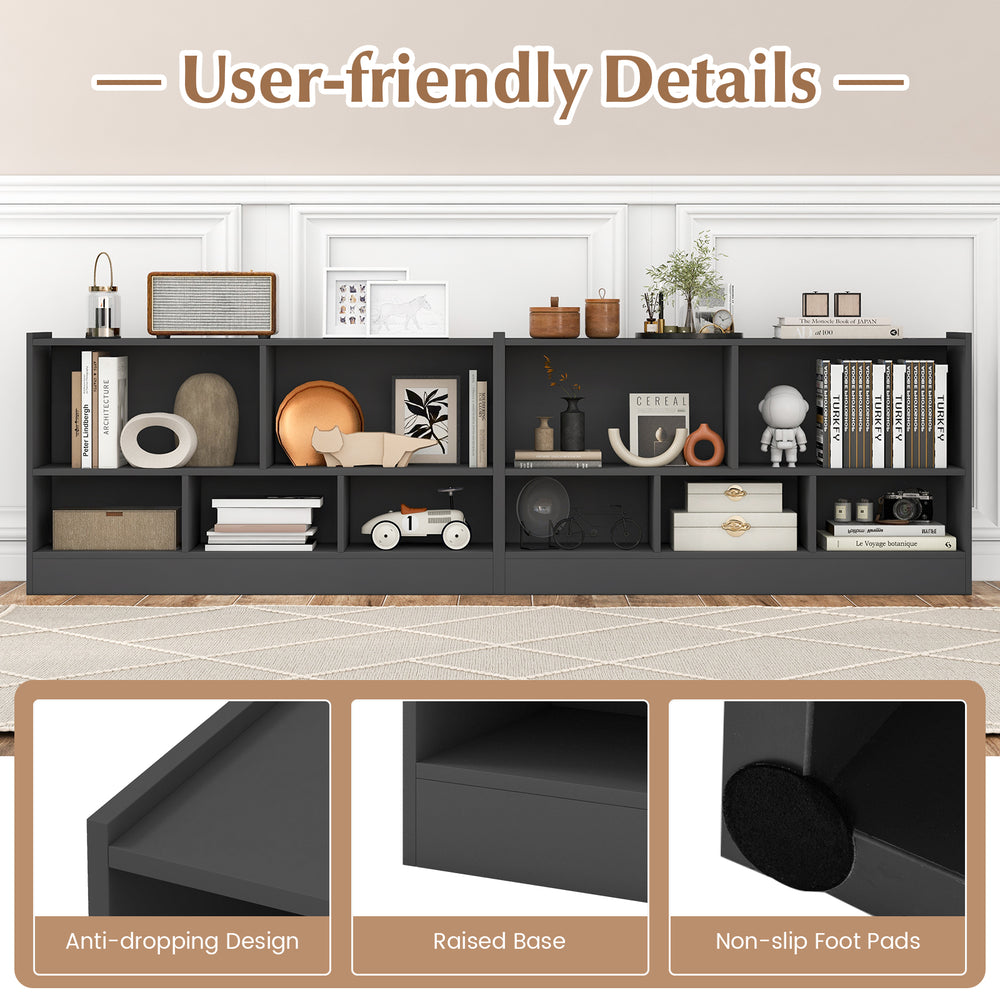 Gray kids 2-shelf bookcase with 5 compartments, elevated base, and anti-slip foot pads for organized storage.