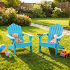 Turquoise kids Adirondack chairs with tilted high backrest, perfect for outdoor relaxation in the backyard or porch.