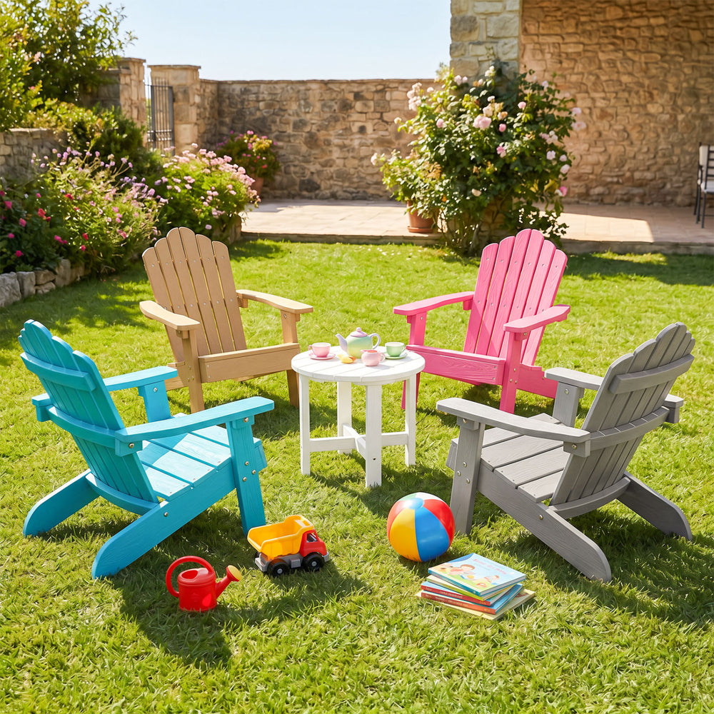 Colorful kids' Adirondack chairs in turquoise, pink, and beige, perfect for outdoor relaxation in the backyard.