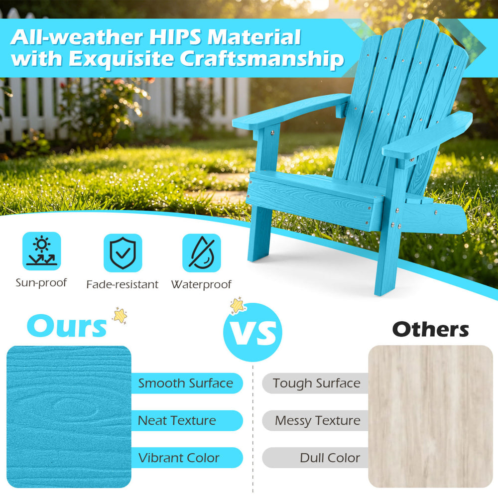 Kids Adirondack chair in turquoise, made of all-weather HIPS material, featuring a tilted high backrest for support.