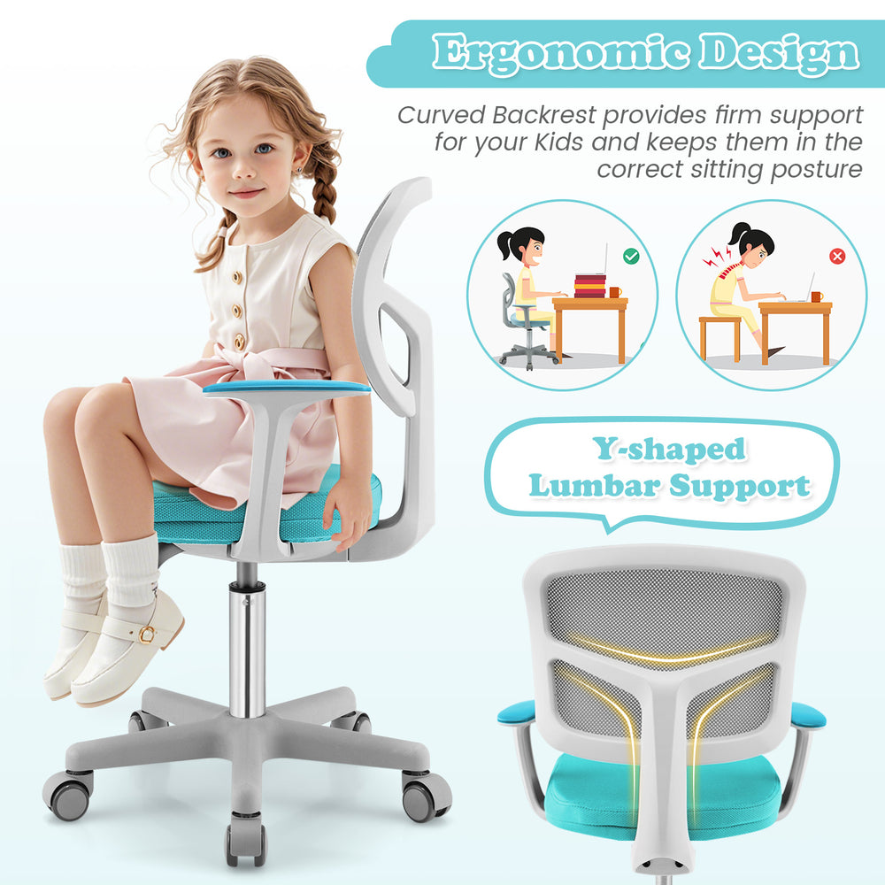 Adjustable turquoise desk chair with ergonomic design, lumbar support, and armrests for kids' comfort and proper.