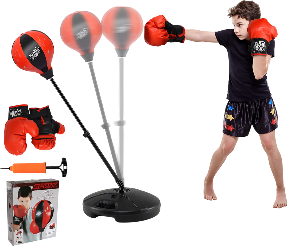 Kids adjustable stand punching bag toy set with red boxing gloves, perfect for exercise and fun, height adjustable from.