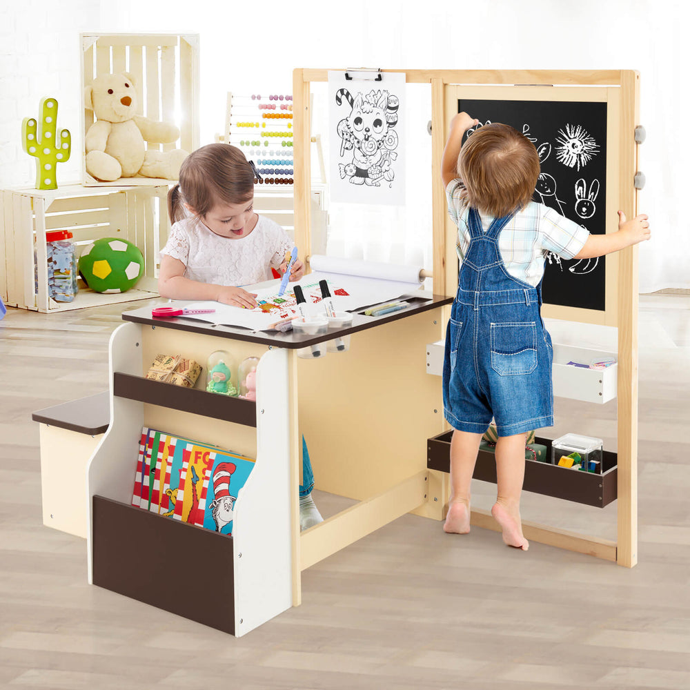 Kids art center wooden table and bench set in brown, featuring a double-sided easel and ample storage for art supplies.