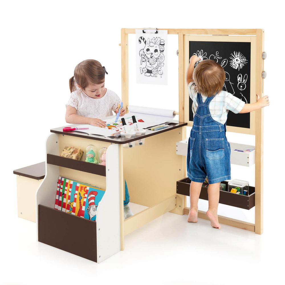 Kids art center wooden table bench set featuring children engaged in creative play, with double-sided easel and storage.