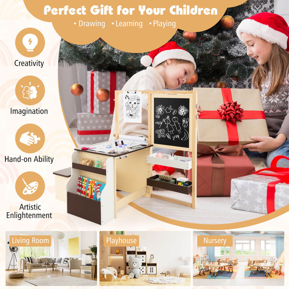 Kids art center wooden table and bench set in brown with storage, double-sided easel, perfect for learning and.