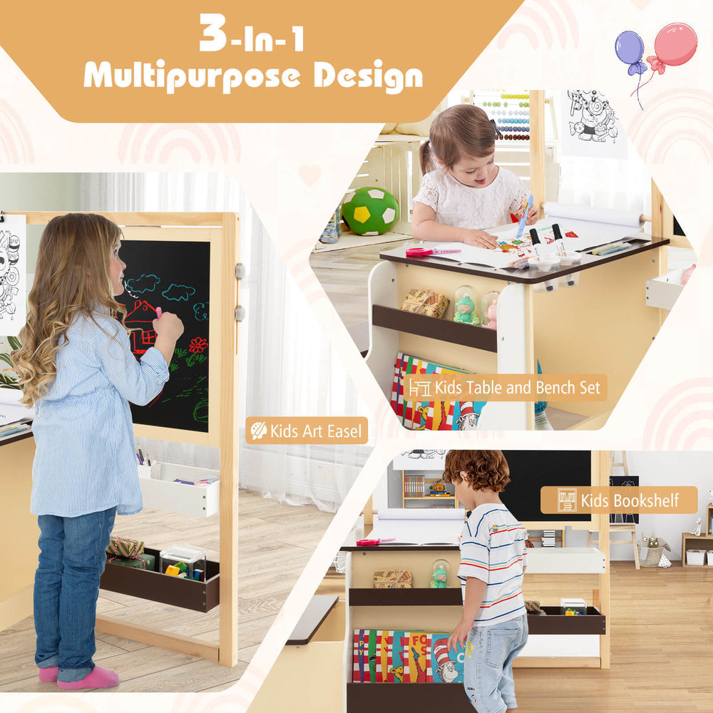 Kids Art Center wooden table and bench set in brown with adjustable easel, storage trays, and bookcase for versatile.