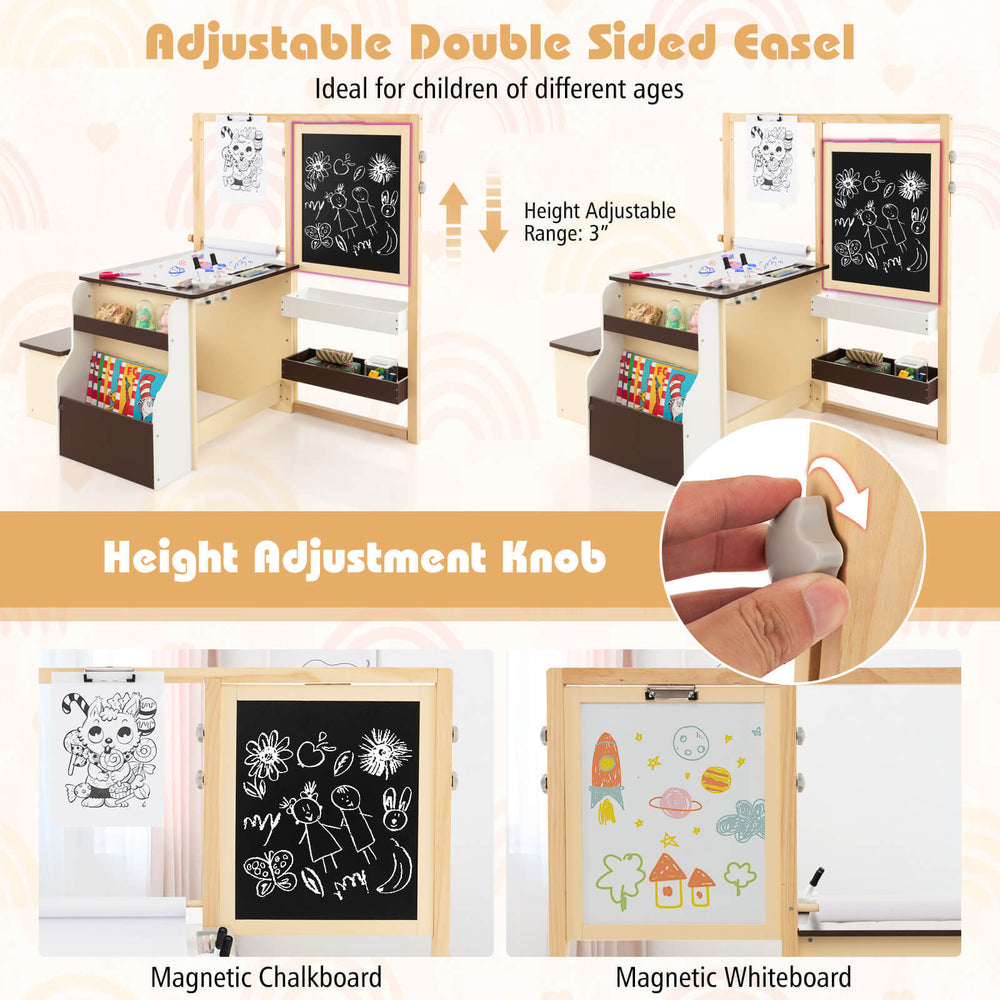 Kids art center wooden table bench set with adjustable double-sided easel, storage trays, and magnetic whiteboard for.