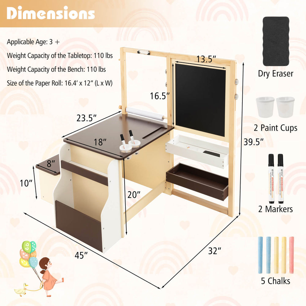 Kids art center wooden table bench set in brown, showcasing a close-up of the reversible whiteboard and adjustable art.