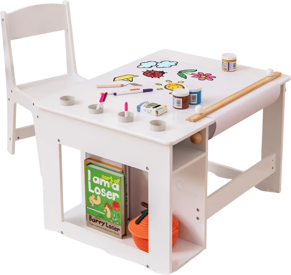 Kids art table and chair set in white with replaceable paper roll and removable paint cups for creative play.